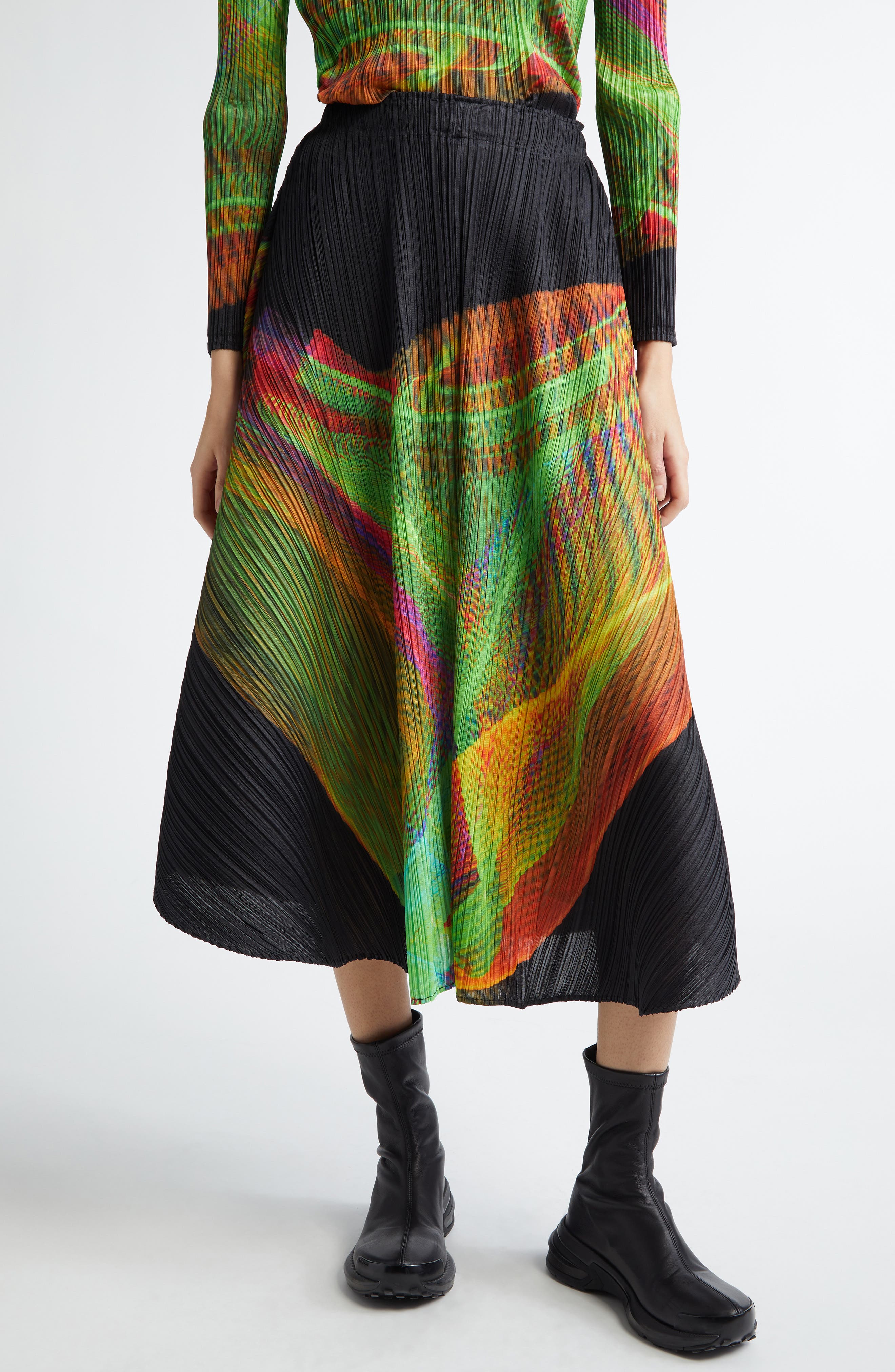 Pleats Please Issey Miyake Spectrum Print Pleated Midi Skirt
