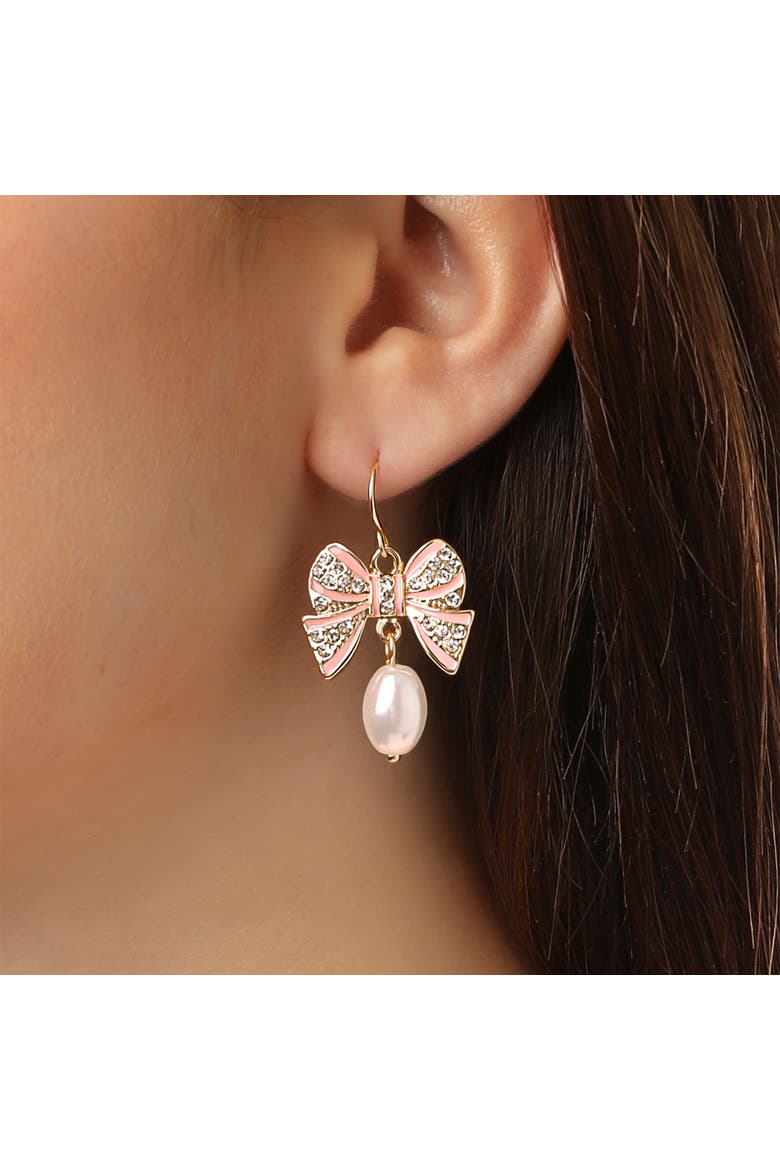 Pearl and Bow Jewelry Set with Necklace and Drop Earrings | Womens Matching 16"+3" Necklace and Dangle Earrings, Faux Pearl and Clear Crystal Embellishments, Yellow Gold-Tone Plated, Alternate, color, Gold-Tone