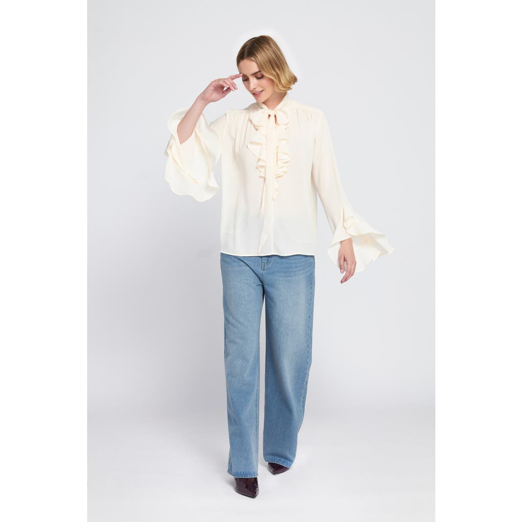 Elle Collection Flounce-trimmed Tie-neck Blouse Top In White