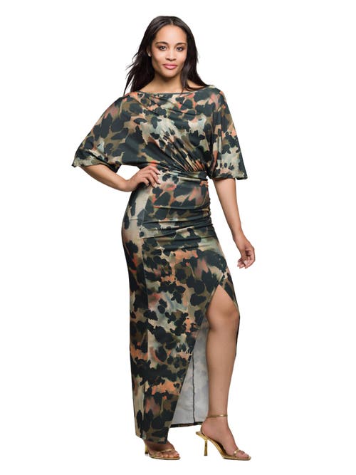 24seven Comfort Apparel Abstract Print Batwing Sleeve Maxi Dress With Slit In Green