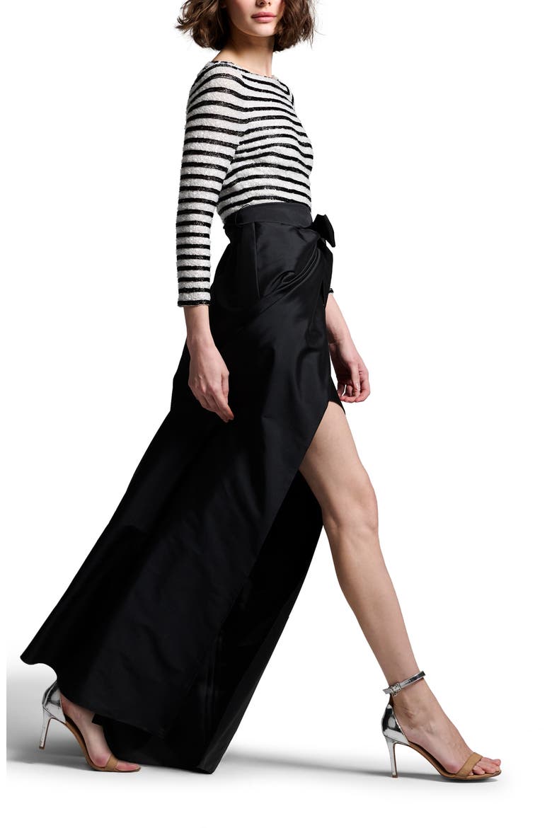 Beaded Stripe Mixed Media Taffeta Gown, Alternate, color, BLACK