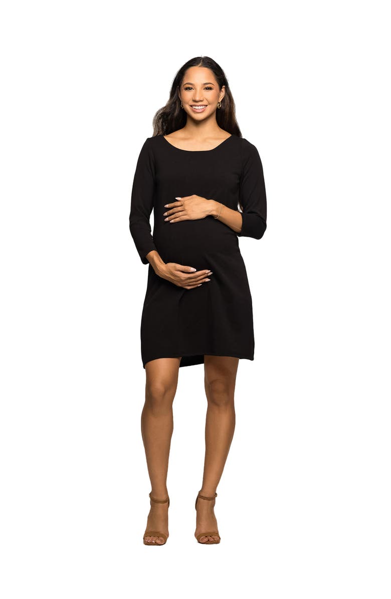 24seven Comfort Apparel Three Quarter Sleeve A-Line Knee Length Dress, Main, color, Black