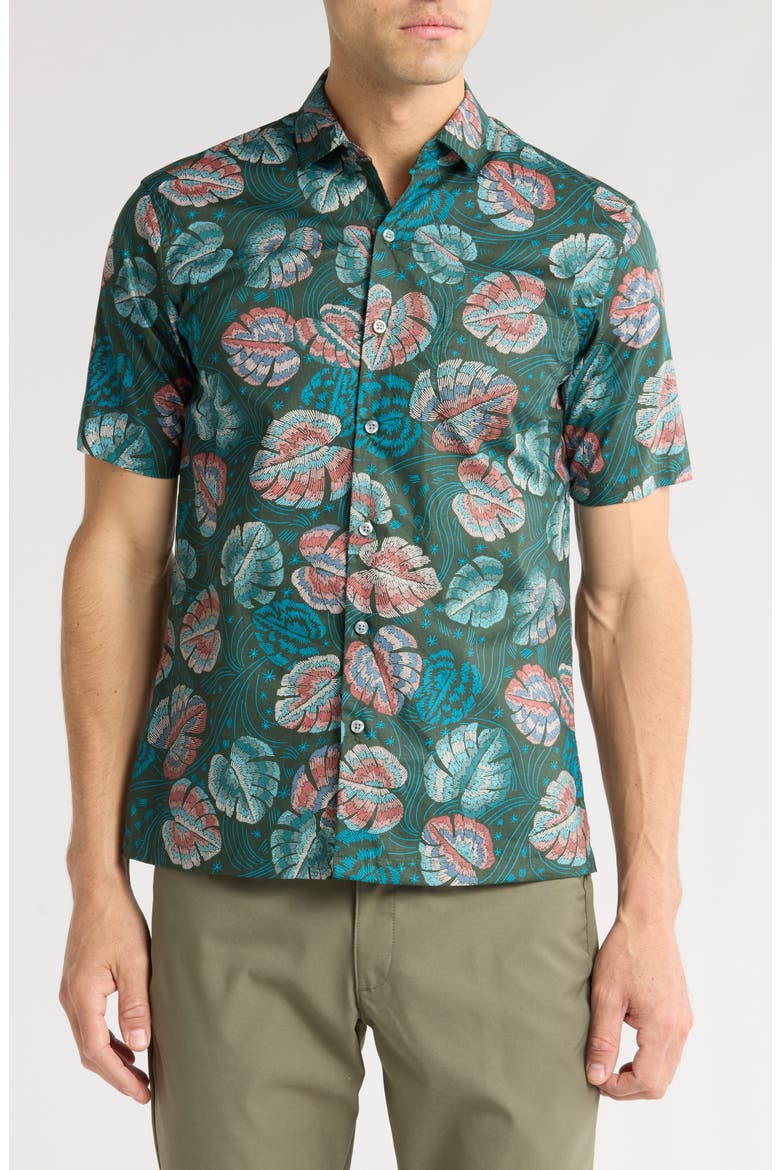 Monstellar Short Sleeve Cotton Button-Up Shirt, Main, color, GREEN
