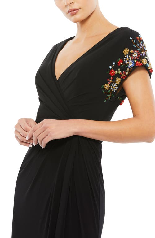 Mac Duggal Embellished Cap Sleeve Jersey Wrap Gown In Black Multi