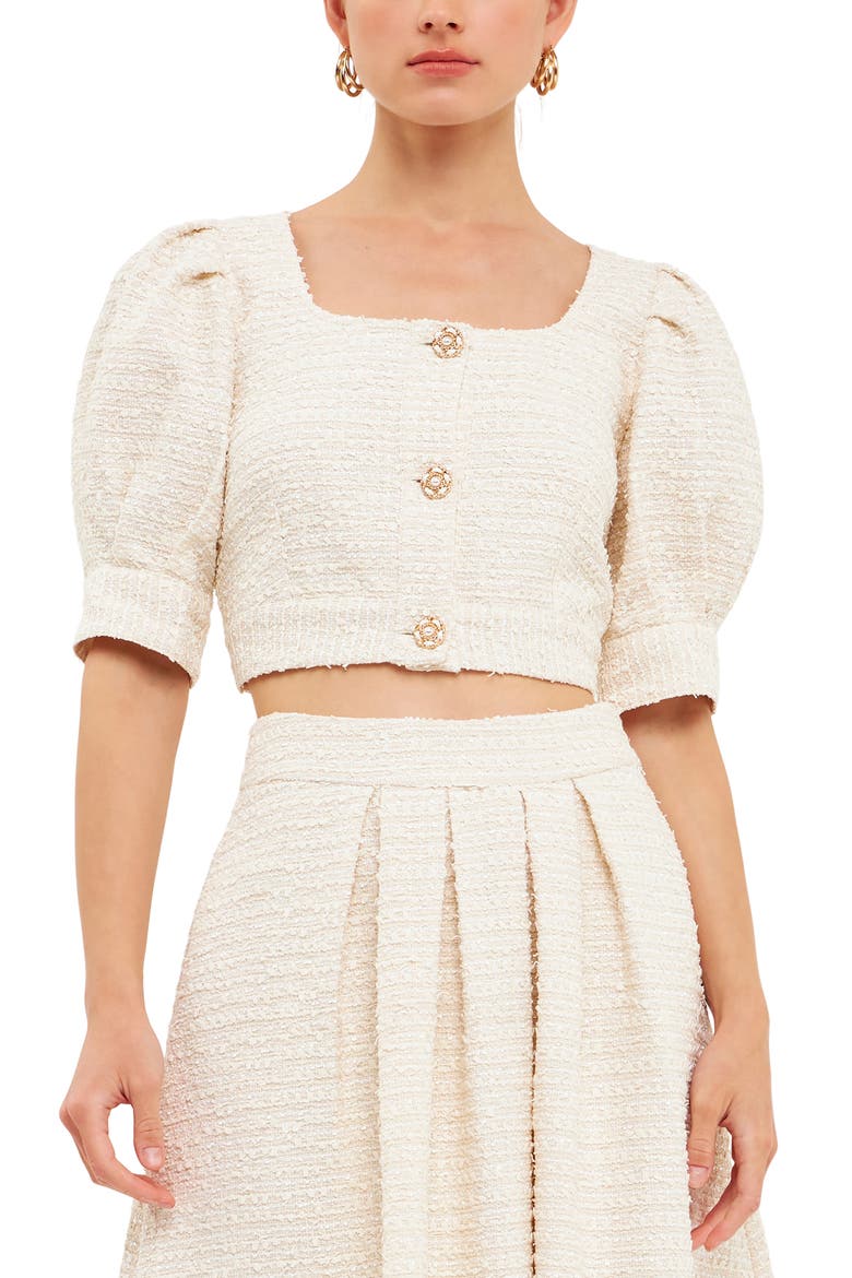 Premium Puff Sleeve Tweed Crop Top, Main, color, IVORY