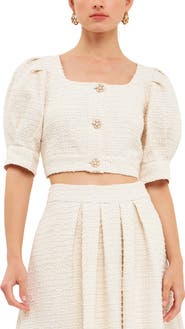 Endless Rose Premium Puff Sleeve Tweed Crop Top