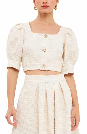 Premium Puff Sleeve Tweed Crop Top