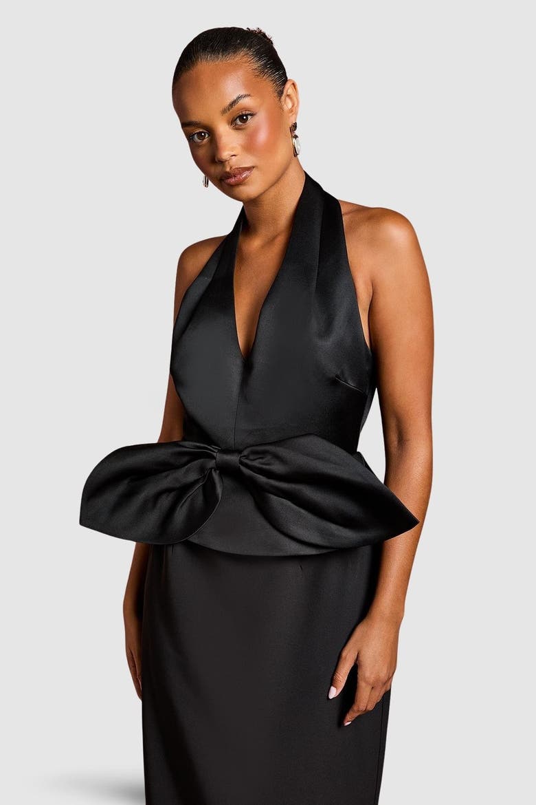 Petite Halter Satin Column Midi Dress, Alternate, color, Black