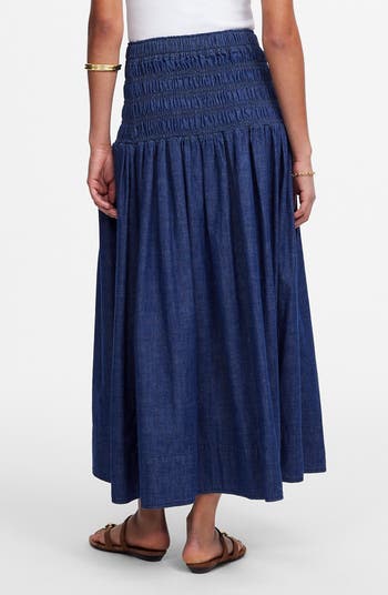 Smocked Denim Midi Skirt