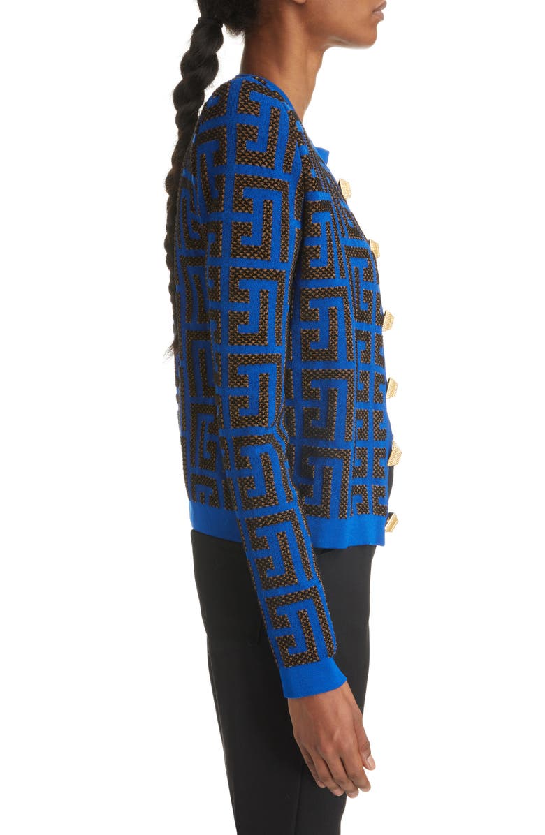Balmain Pharaon Metallic Monogram Jacquard Sweater Jacket, Alternate, color,