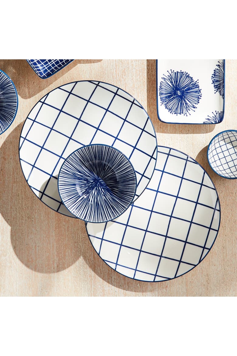 Stria Dark Blue & White Checkered Porcelain Ceramic Set of 4 Plates 8.5", Alternate, color, Blue