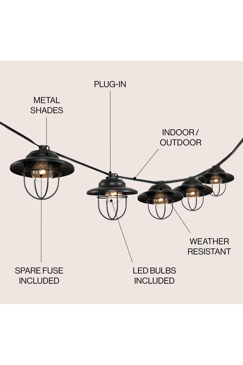 10-Light Indoor/Outdoor Rustic Farmhouse Incandescent G40 Metal Cage Shade String Lights, Alternate, color, Black