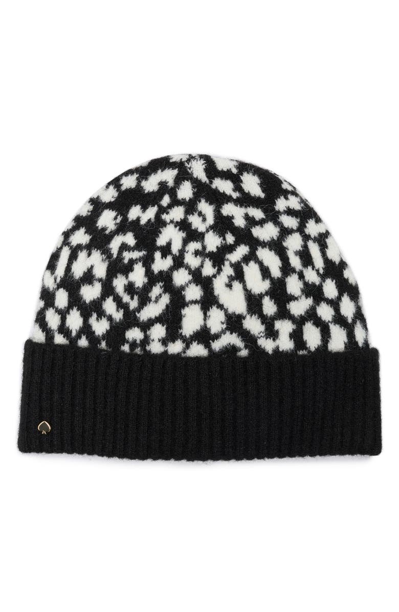 Kate Spade New York Leopard Beanie, Main, color, Black/ Cream