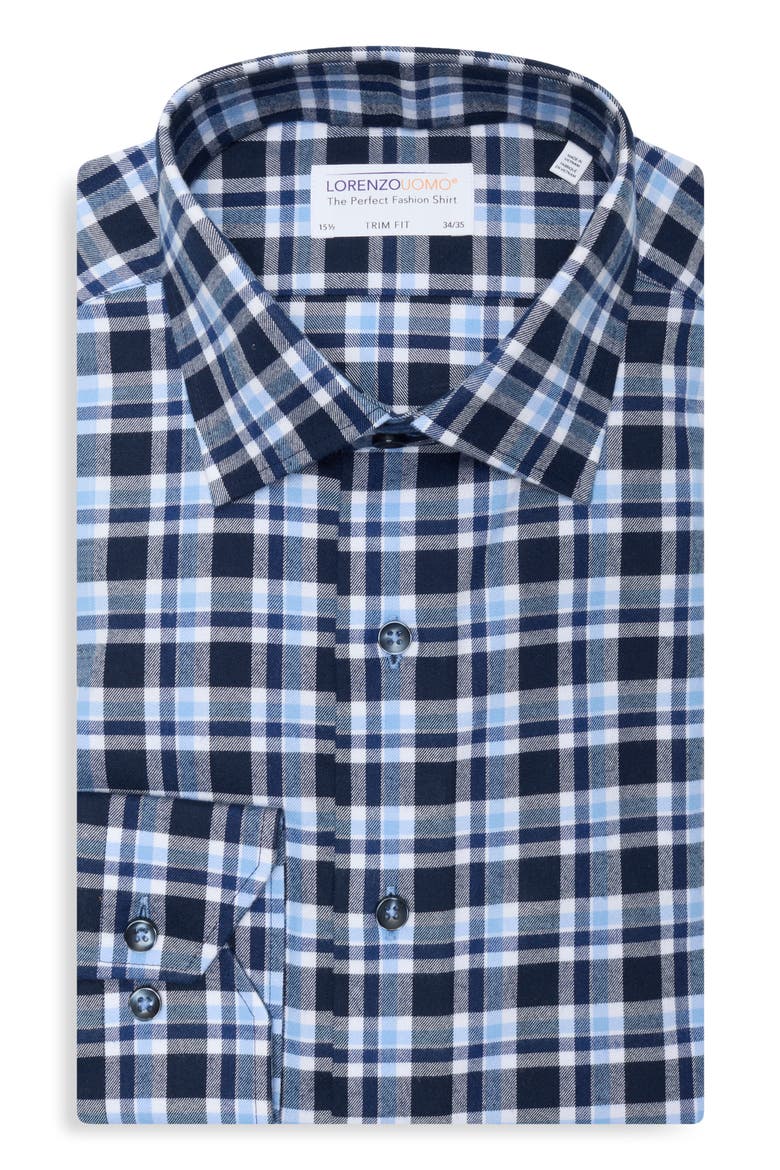 Trim Fit Plaid Flannel Dress Shirt, Alternate, color, NAVY