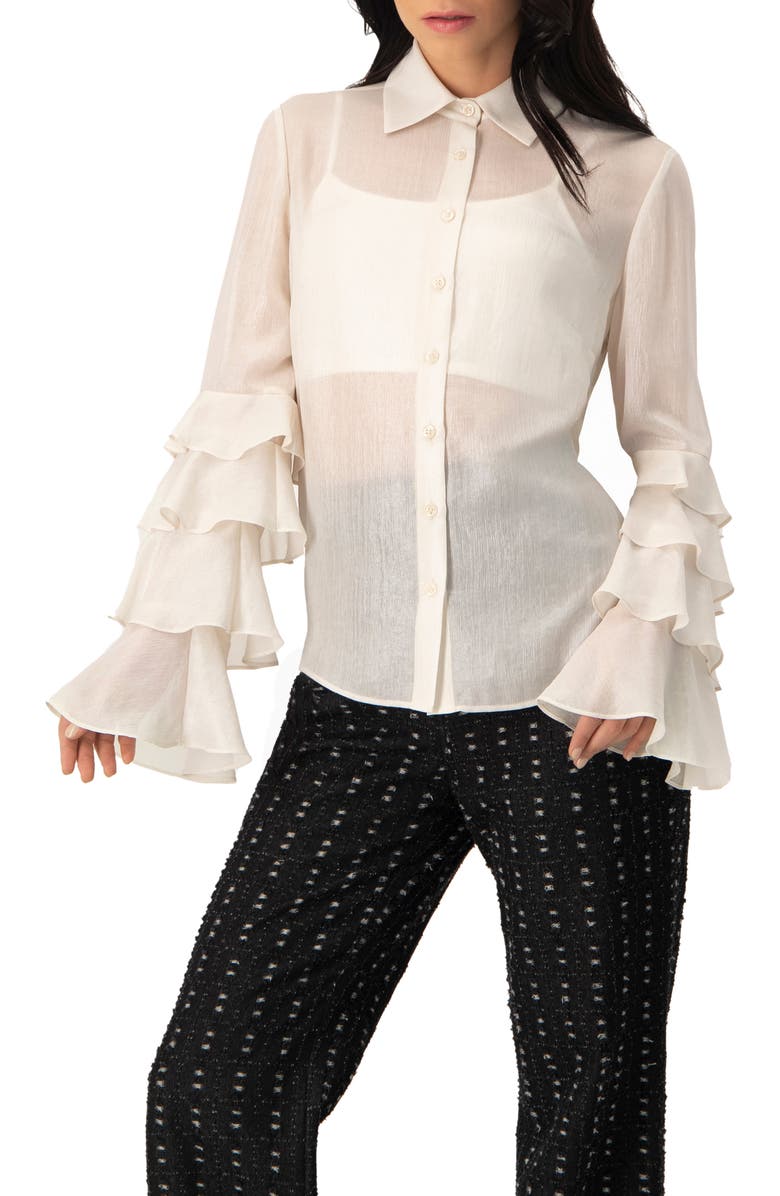 IVONNE Sheer Shirt with Tiered Ruffle Sleeves, Main, color, Natural
