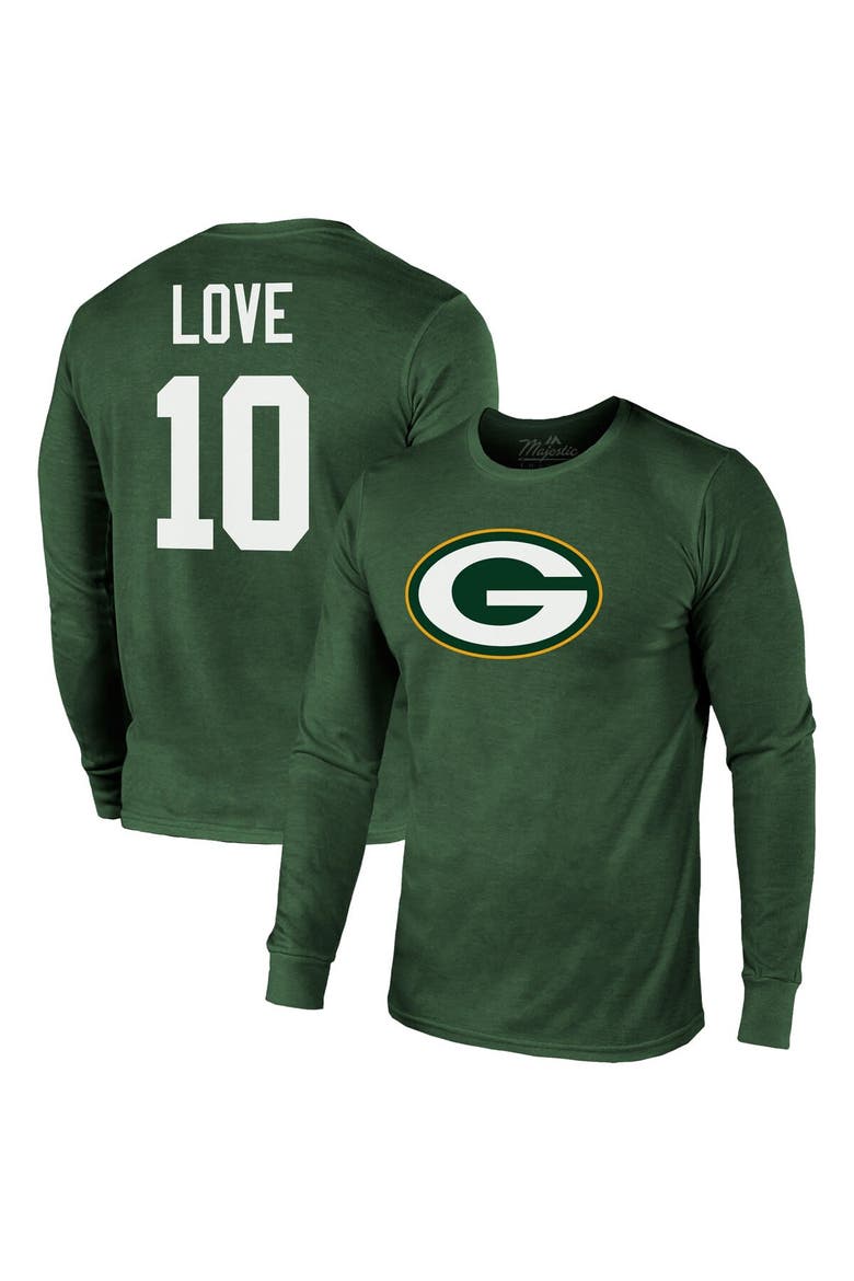 Men's Majestic Threads Jordan Love Green Green Bay Packers Name & Number Long Sleeve Tri-Blend T-Shirt, Main, color, Green