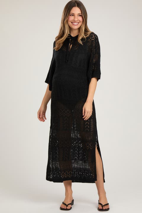 Open Knit Front Tie Side Slit Midi Swim Cover Up