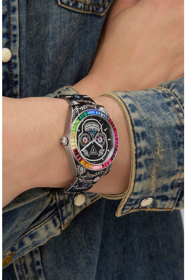 Day of the Dead Multifunction Bracelet Watch, 44mm, Alternate, color, SILVER TONE