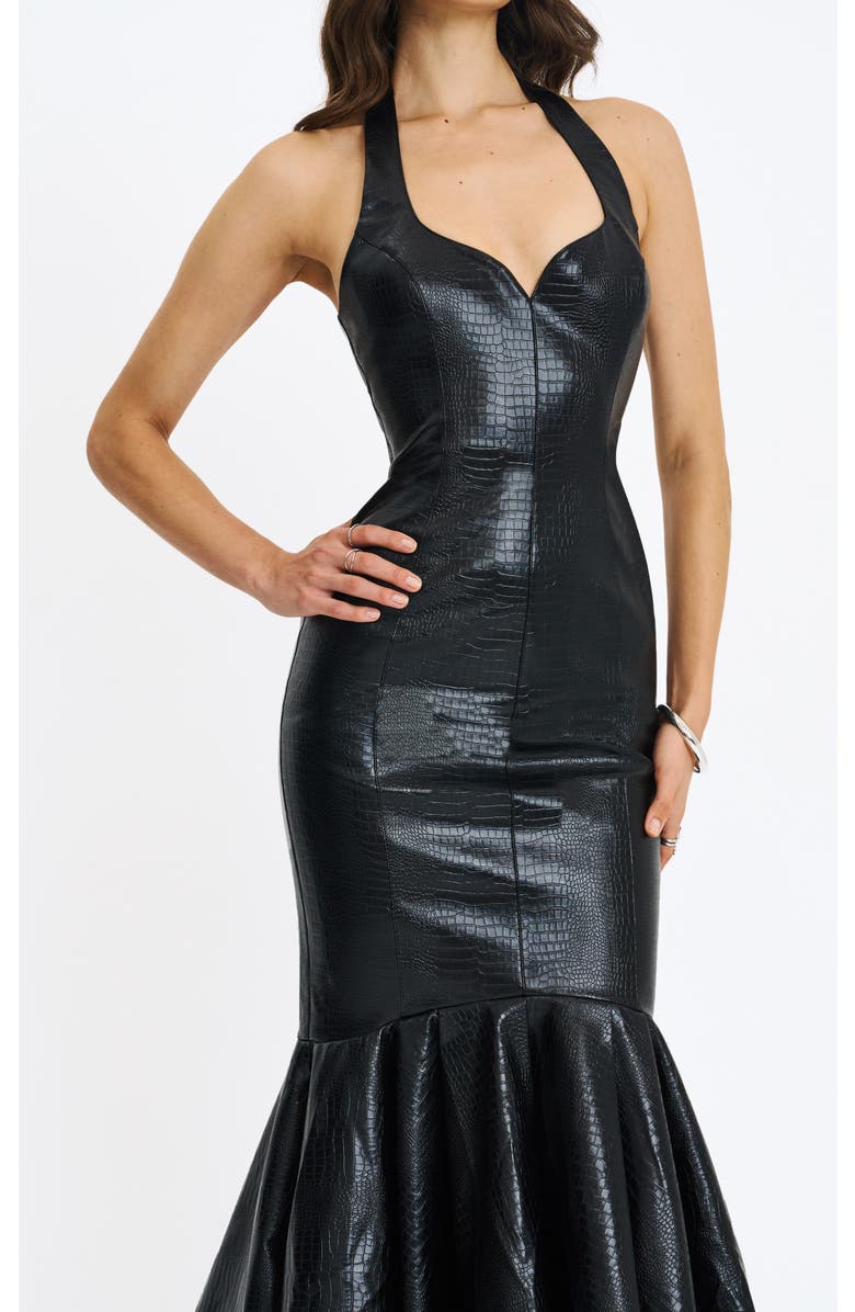 Miss Circle Gardenia Faux Leather Midi Sweetheart Halter Flared Dress, Alternate, color, Black