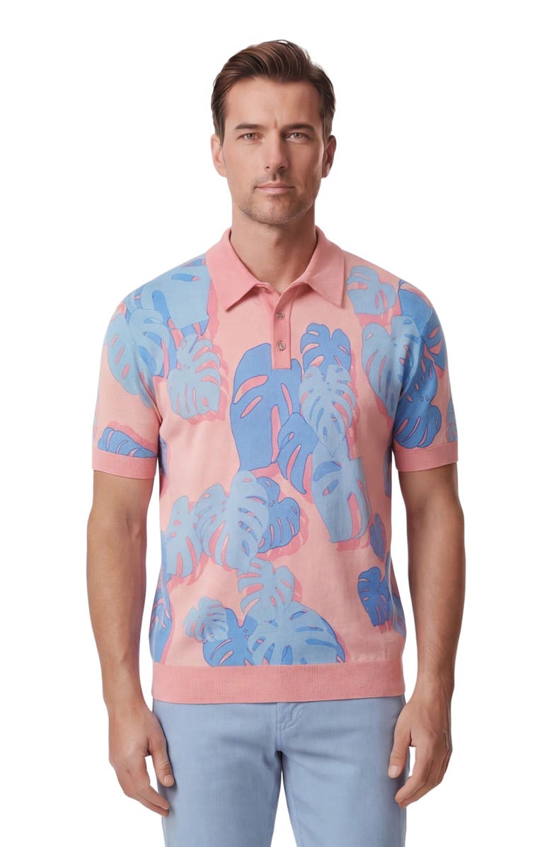 Lords of Harlech Monstera Floral Mens Merino Silk Cashmere Polo, Main, color, Monstera Floral Coral