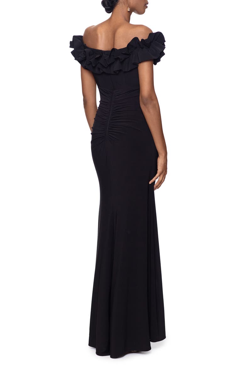 Ruffle Off the Shoulder Ruched Jersey Gown, Alternate, color, BLACK