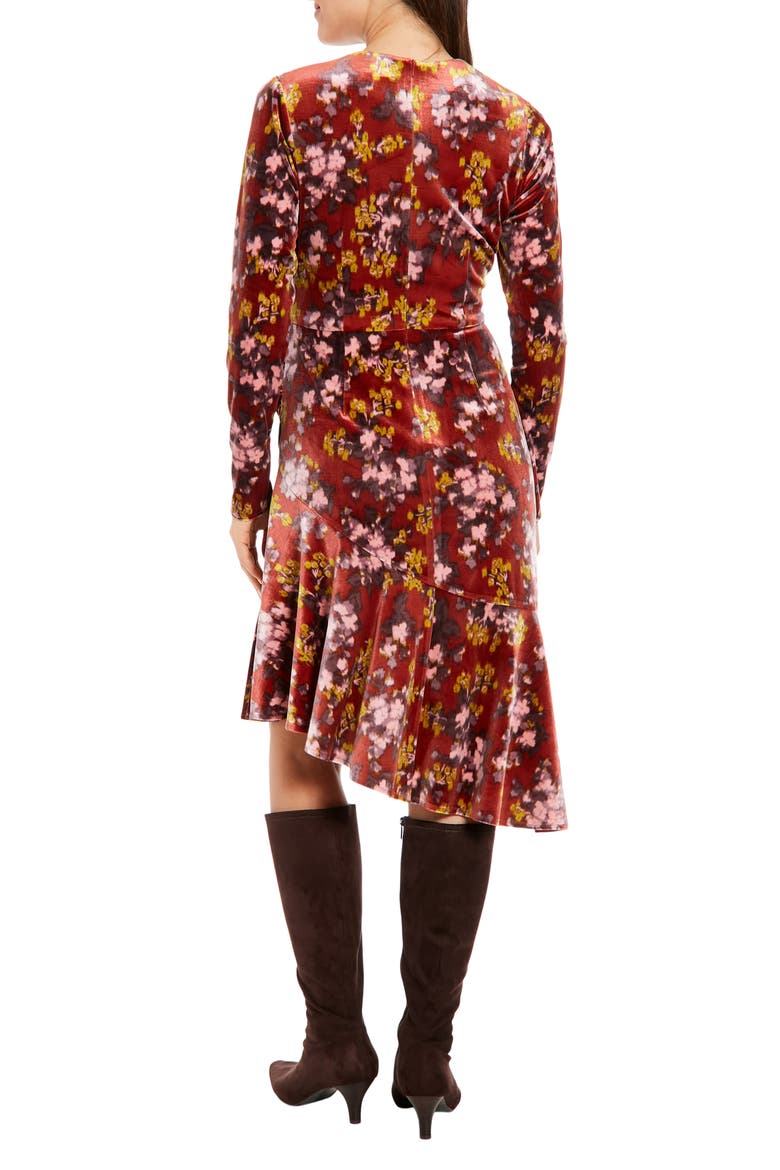 Floral Long Sleeve Ruched Asymmetric Velour Dress, Alternate, color, RED MULTI