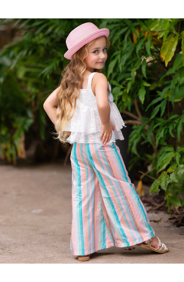 Mia Belle Girls Coastal Boho Lace Top and Palazzo Pant Set, Alternate, color, White