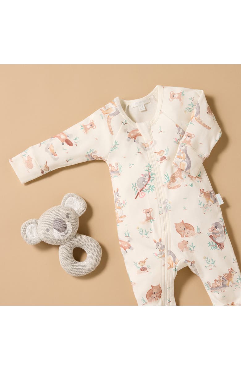 Purebaby Australiana Animals Zip Romper & Bib Set, Alternate, color, Bush Babies