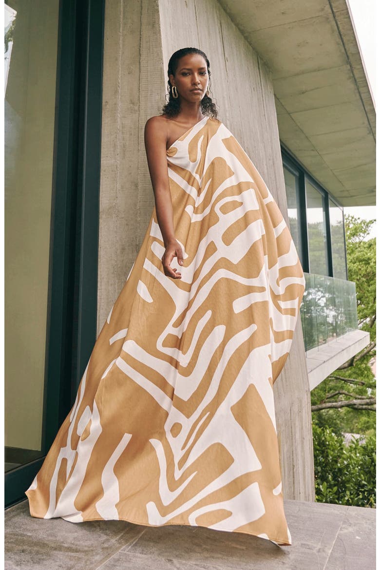 Lava Cream Satu Jacquard One-Shoulder Long Sleeve Maxi Dress, Alternate, color, BEIGE