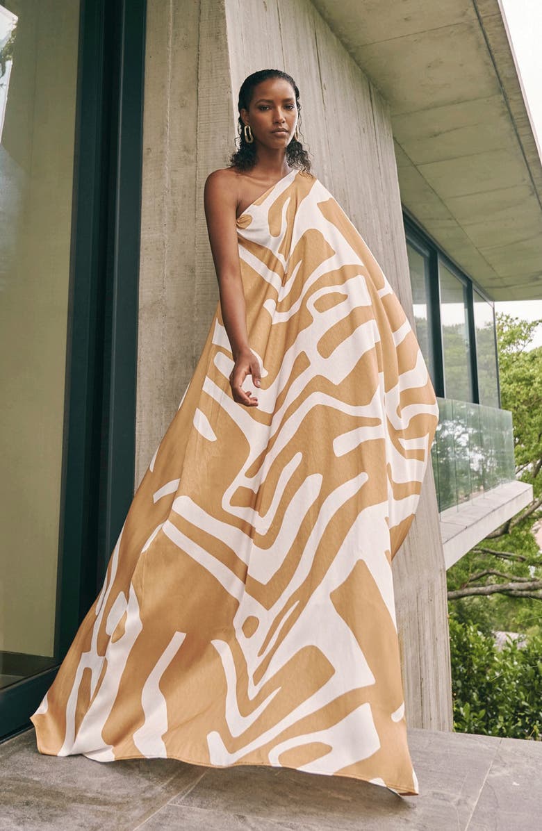 DIARRABLU Lava Cream Satu Jacquard One-Shoulder Long Sleeve Maxi Dress, Alternate, color, 