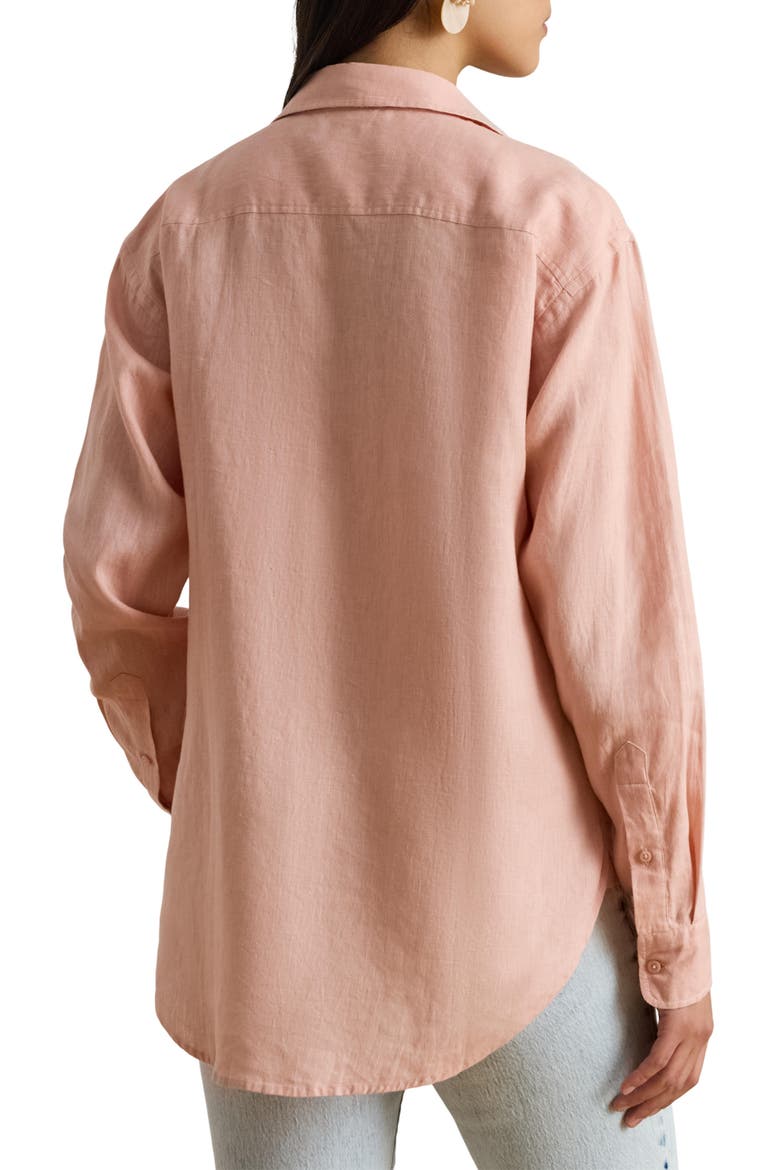 Relaxed Fit Eyelet Logo Embroidered Linen Button-Up Shirt, Alternate, color, PINK RHODONITE