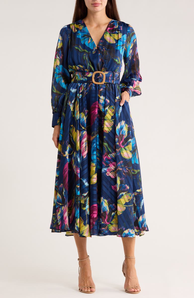 Elie Tahari The Milena Long Sleeve Belted Maxi Dress, Main, color, Daphnes Garden Blue