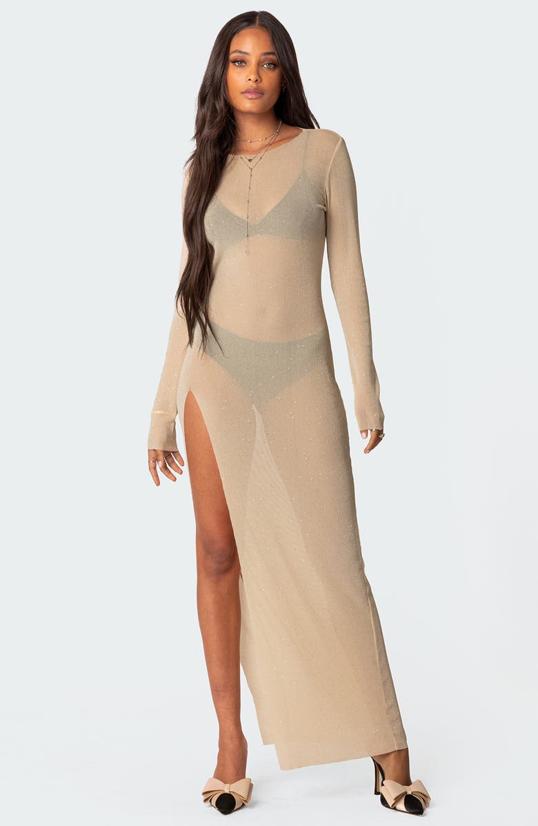 EDIKTED Glitter Long Sleeve Mesh Maxi Dress, Alternate, color,