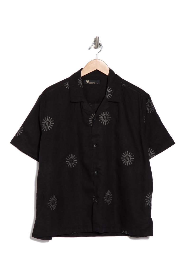 Boxy Fit Sun Embroidered Camp Shirt, Alternate, color, BLACK