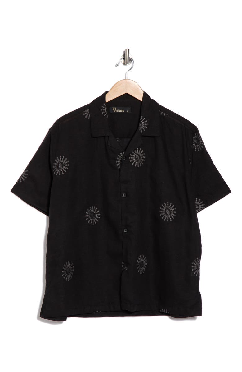 T.R. PREMIUM Boxy Fit Sun Embroidered Camp Shirt, Alternate, color, Black