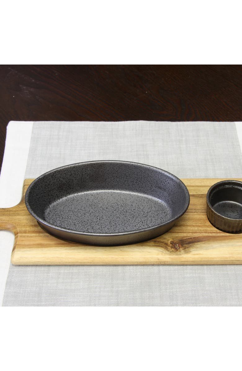 Gibson Elite Gracious Dining 3-Piece Reactive Fine Ceramic Bowl Set With Acacia Wood Tray, Alternate, color, Grey