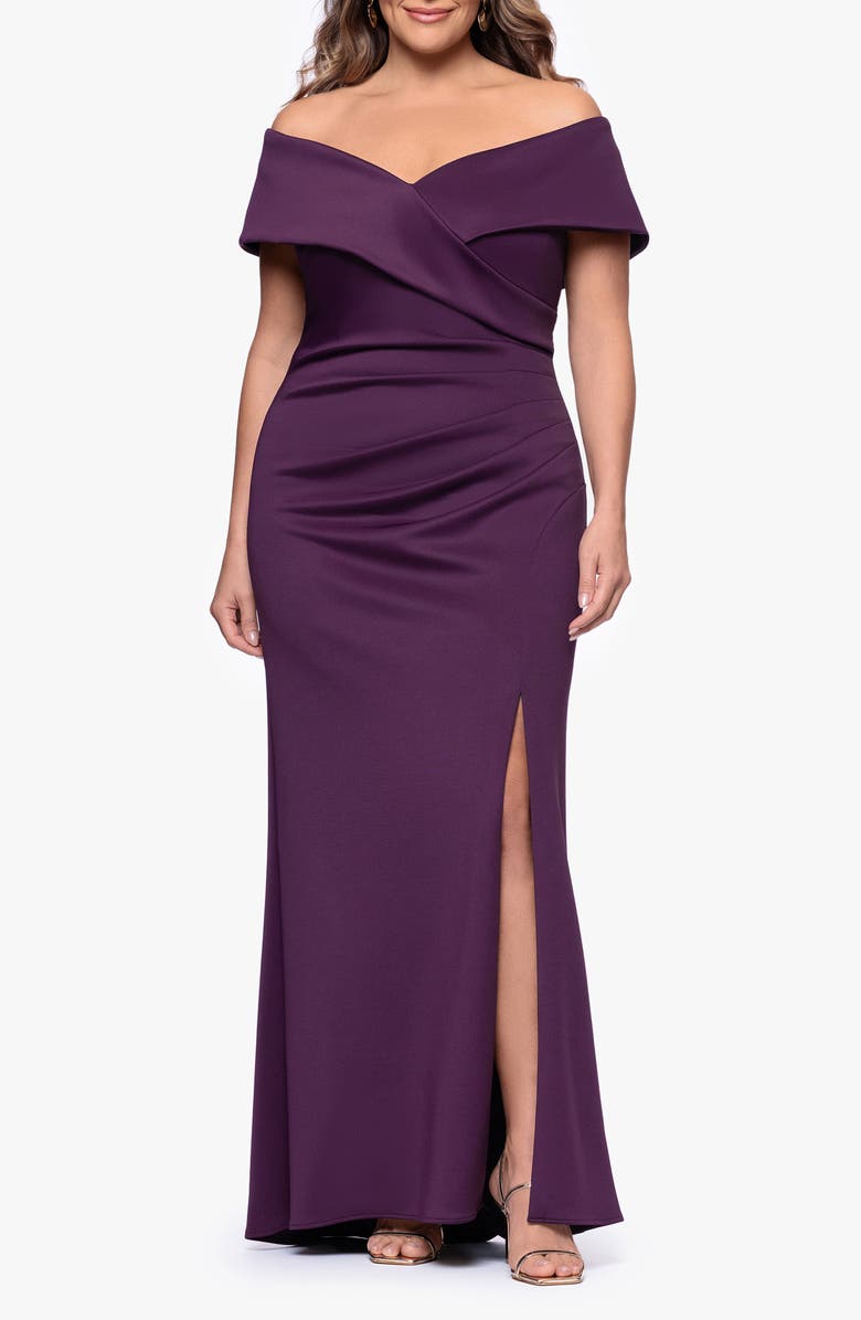 Xscape Evenings Off the Shoulder Scuba Knit Gown, Main, color, Plum