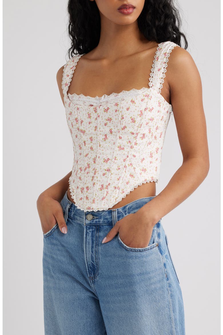 Adina Floral Lace Trim Stretch Cotton Corset Top, Main, color, WHITE ROSE