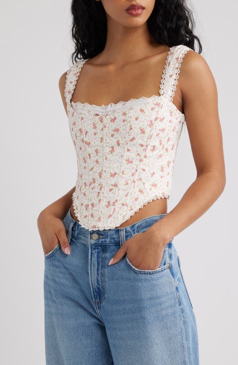 Adina Floral Lace Trim Stretch Cotton Corset Top