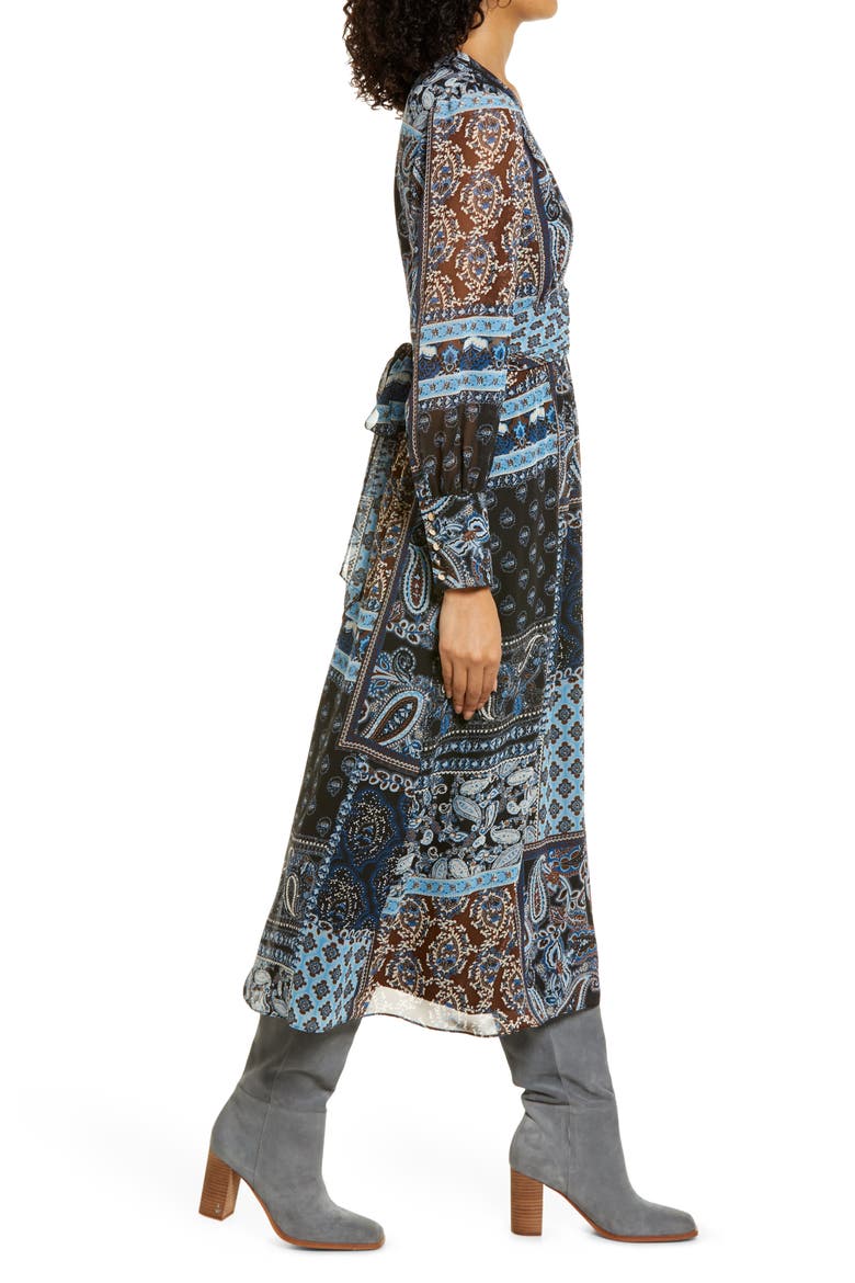 Mixed Scarf Print Long Sleeve Midi Dress, Alternate, color, NAVY MULTI