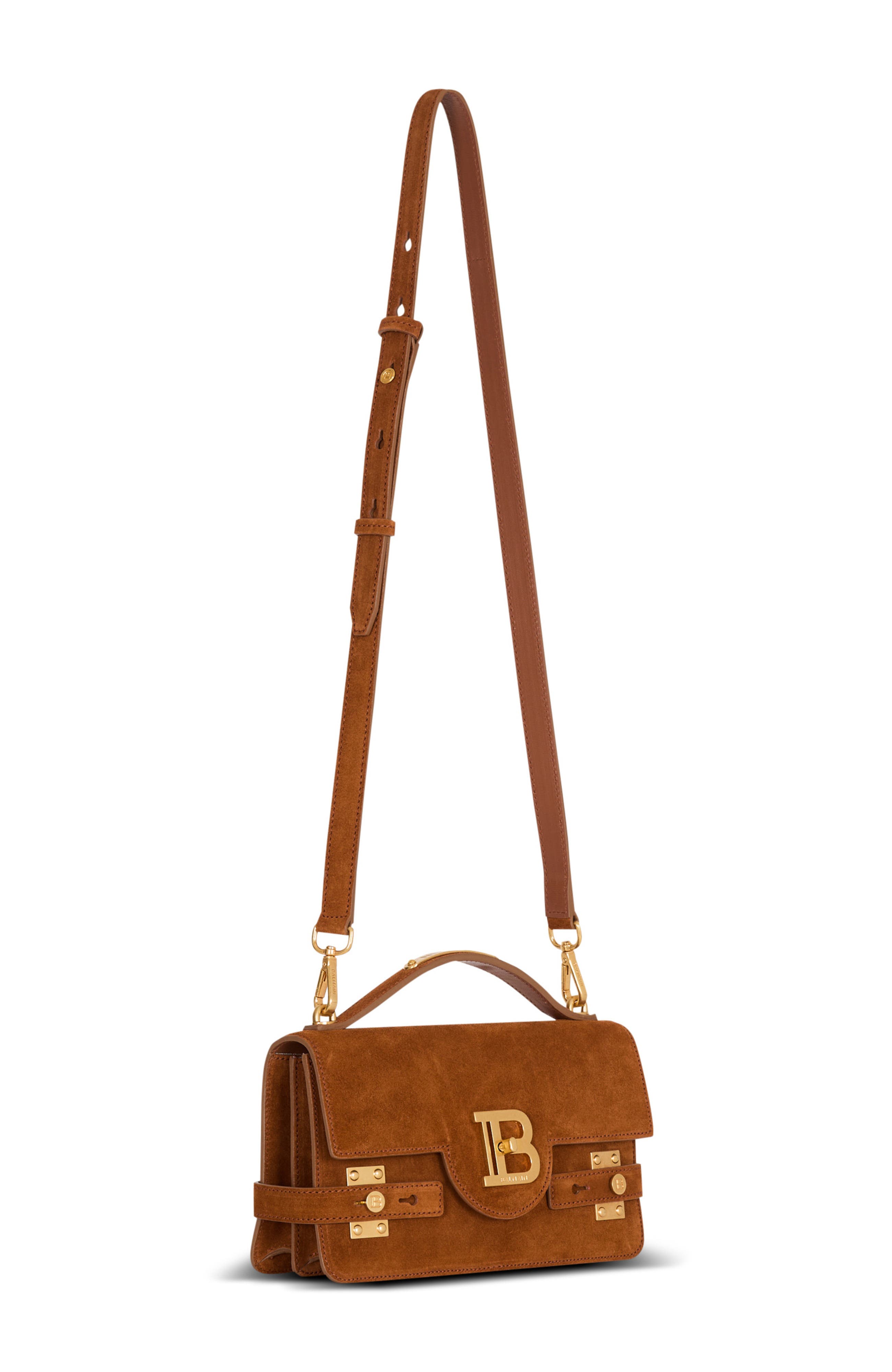 Balmain Suede B-Buzz Shoulder 24 bag, Alternate, color, Brown