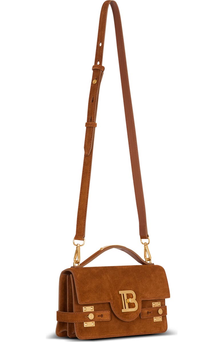 Balmain Suede B-Buzz Shoulder 24 bag, Alternate, color, Brown