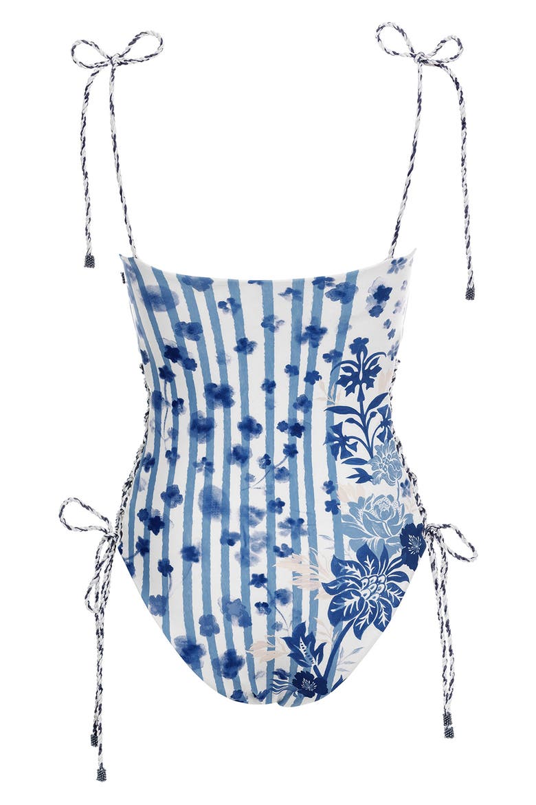 Posh Batik Lace-Up One-Piece Swimsuit, Alternate, color, BLUE