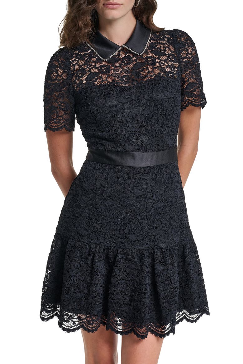Crystal Collar Detail Lace A-Line Minidress, Alternate, color, BLACK