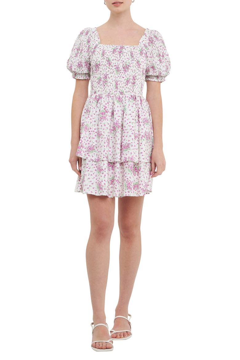 Floral Puff Sleeve Tiered Fit & Flare Minidress, Main, color, LILAC