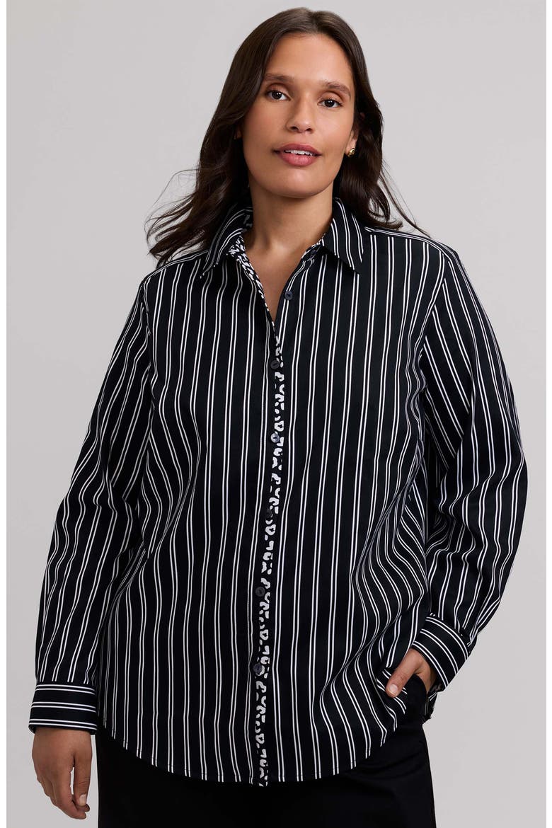 Charlie Stripe Animal Print Trim Cotton Button-Up Shirt, Alternate, color, BLACK/ WHITE