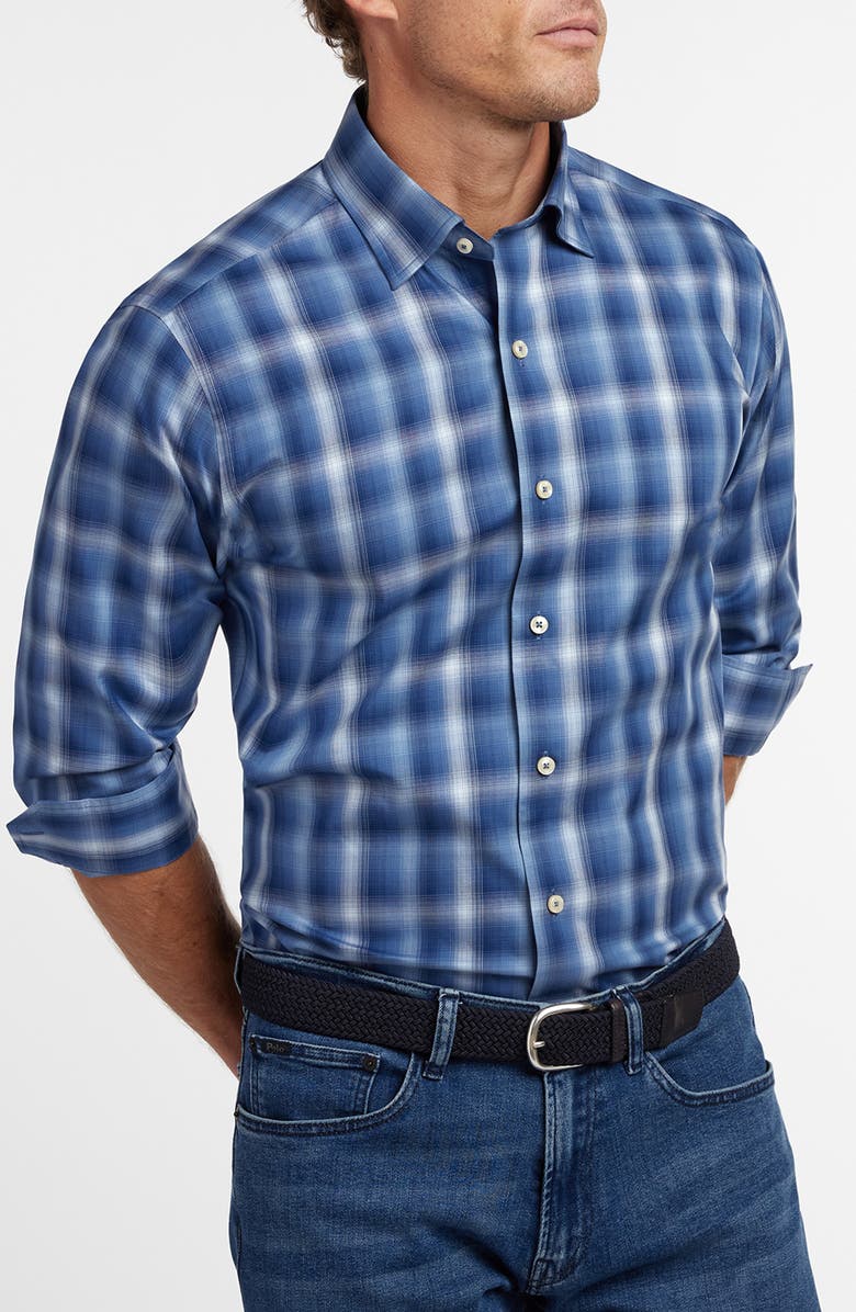 David Donahue Ombré Plaid Cotton Twill Button-Down Shirt, Alternate, color, Navy/ Blue