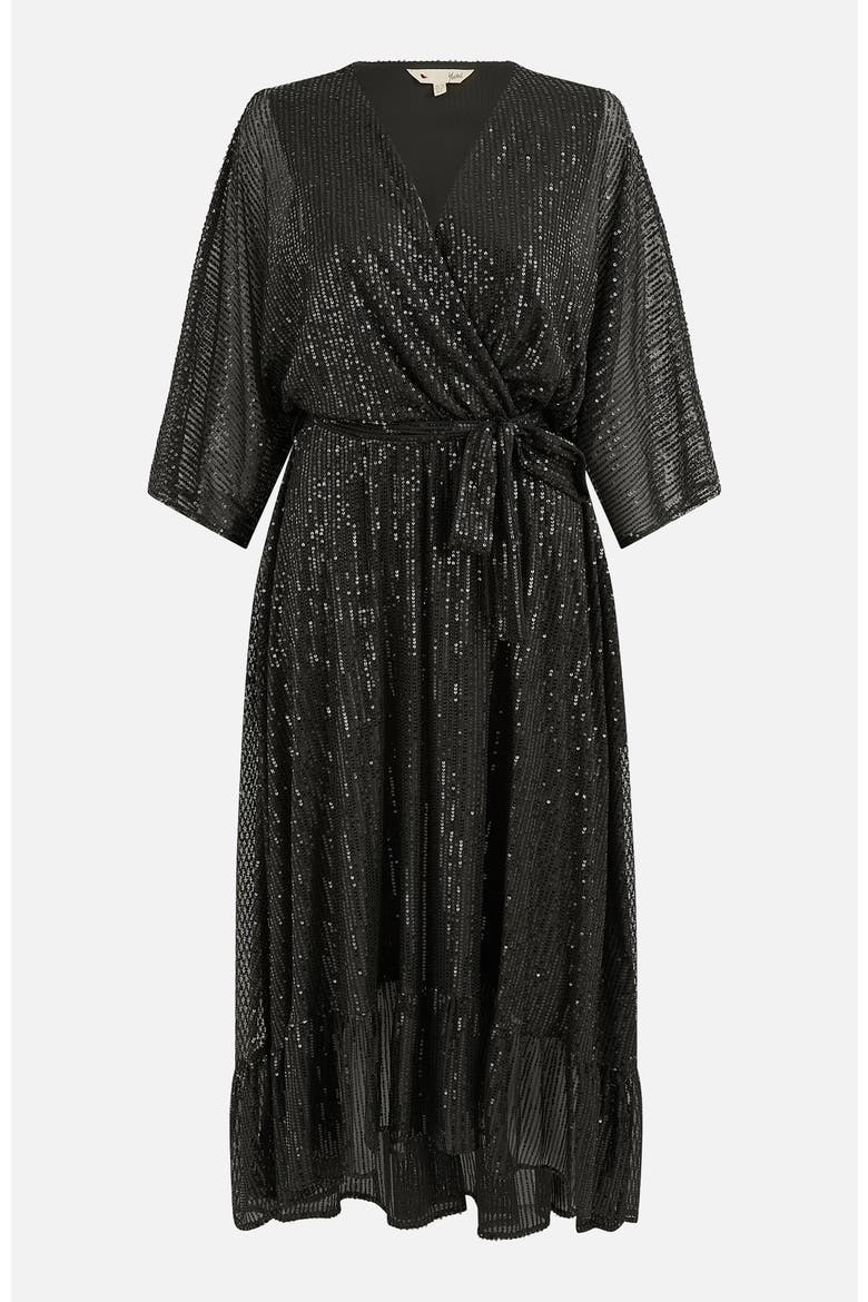 Sequin Midi Wrap Dress, Alternate, color, Black