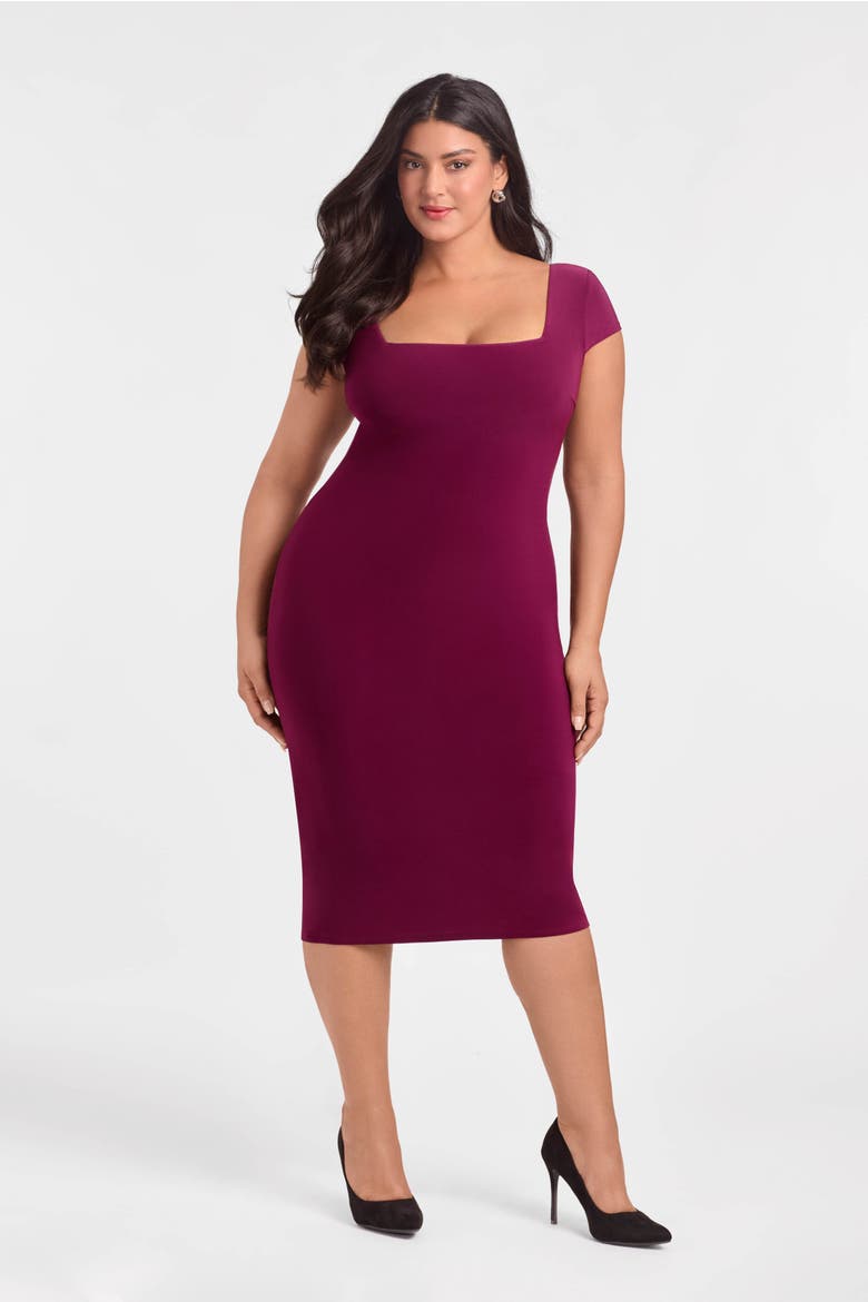 Sculpting Shapewear Square Neck Cap Sleeve Solid Midi Dress, Alternate, color, Cherry Mocha