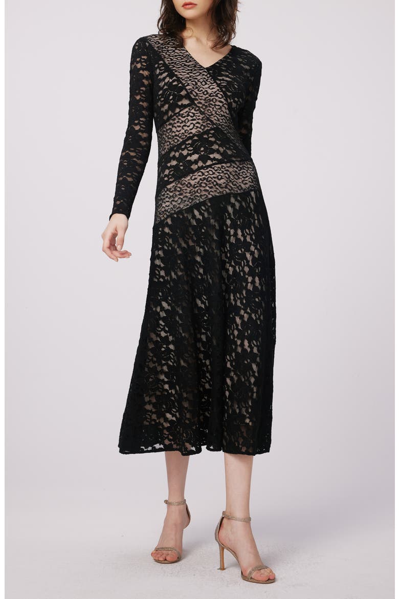 Park Long Sleeve Lace Midi Dress, Alternate, color, BLACK
